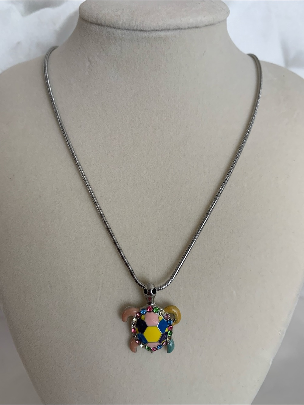 Multicolor Turtle Pendant Necklace on Silver-Tone Chain